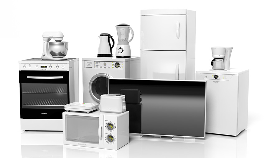 Group of home appliances isolated on white background