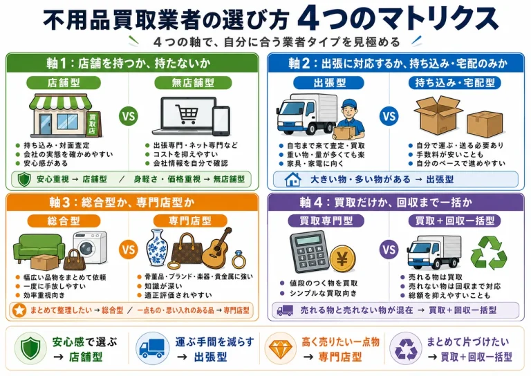 不用品買取業者の選び方 4つのマトリクス。店舗型と無店舗型、出張型と持込・宅配型、総合型と専門店型、買取専門型と買取＋回収一括型