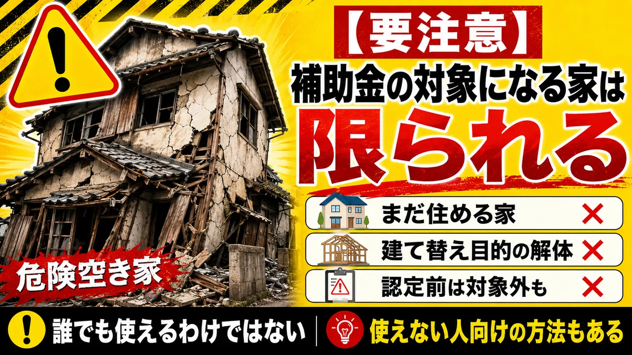 補助金の対象になる家は限られる。まだ住める家・建て替え目的の解体・認定前は対象外