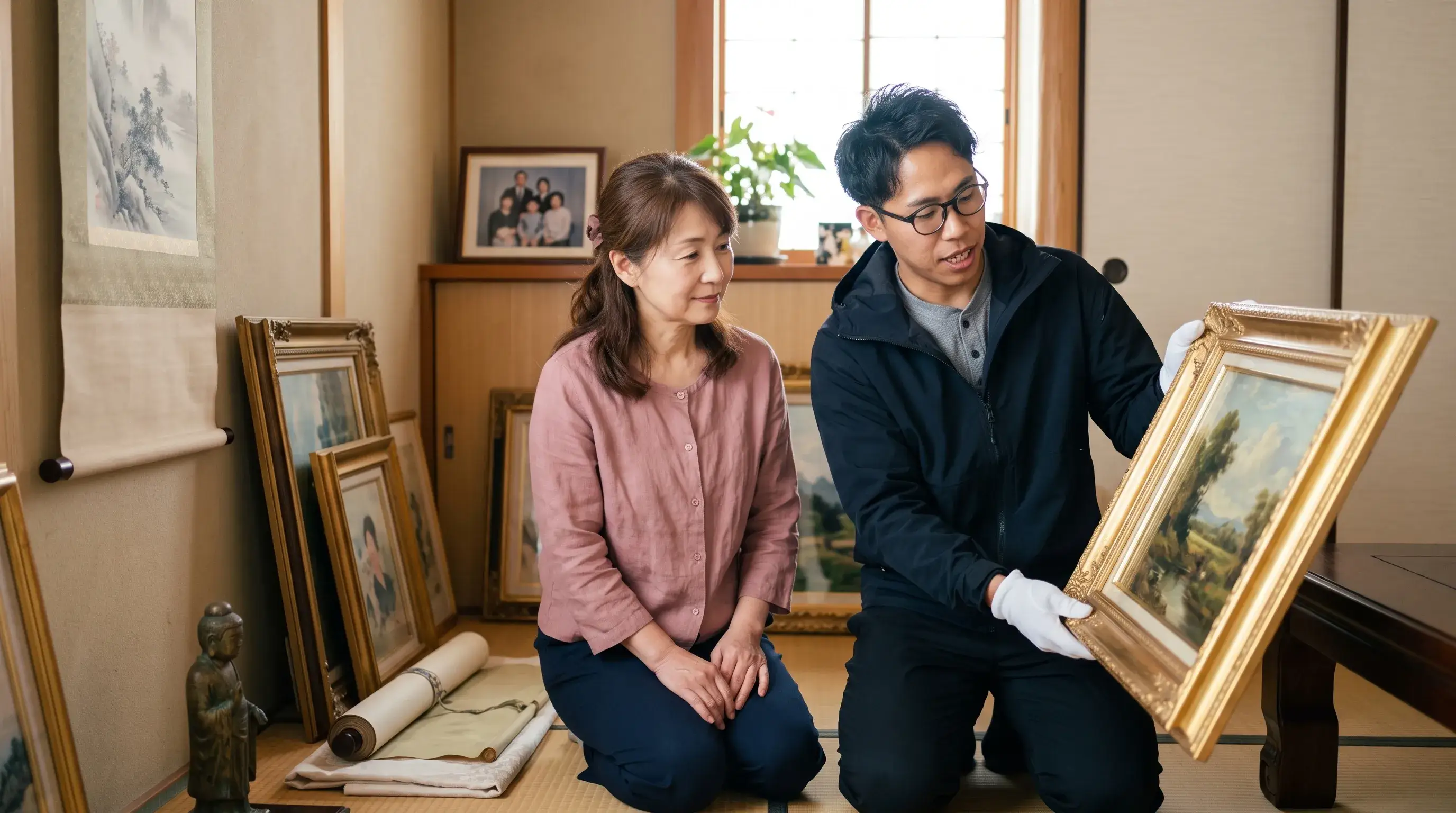 実家に残された絵画を白い手袋で丁寧に査定するスタッフ