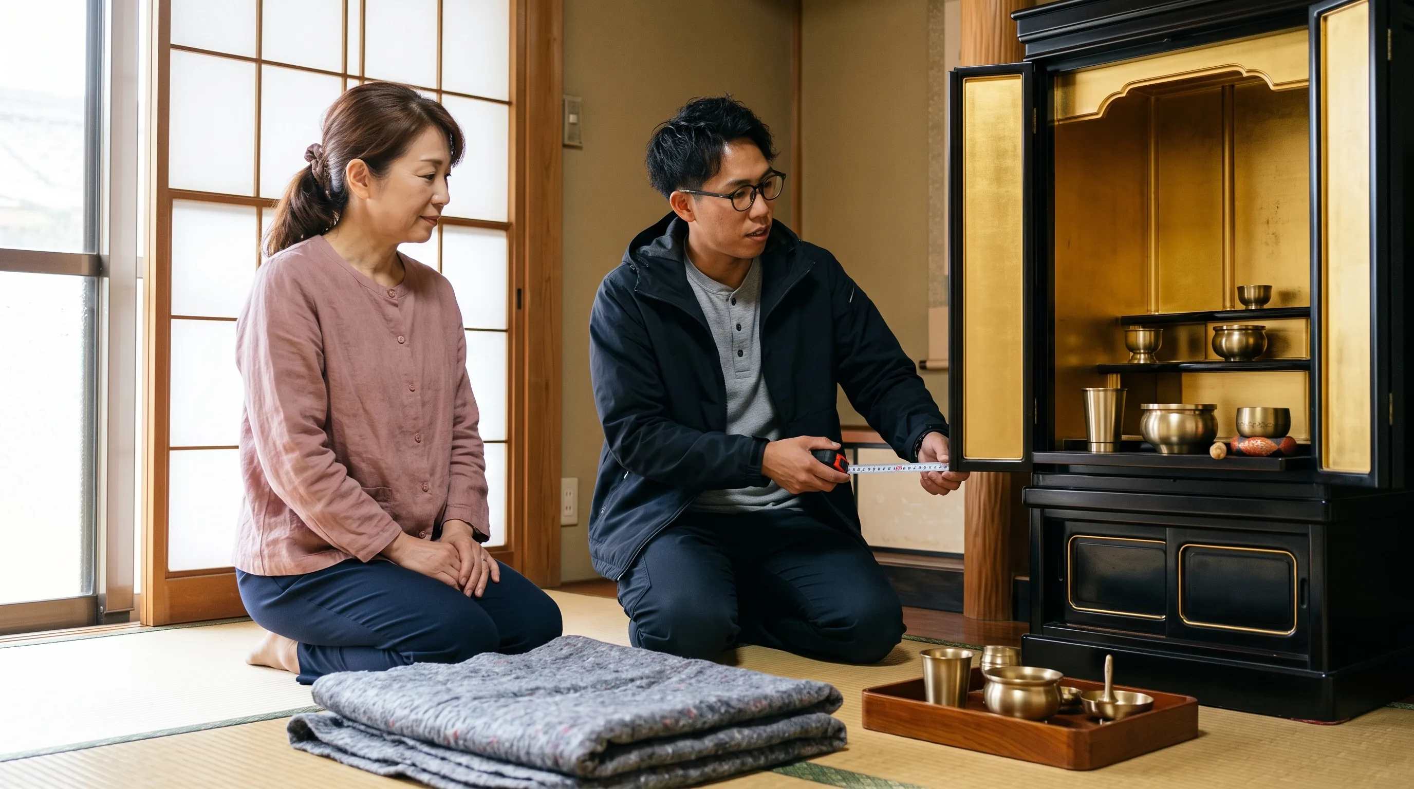 岡山のご自宅で仏壇の幅と搬出経路を確認する買取ジャパンのスタッフ