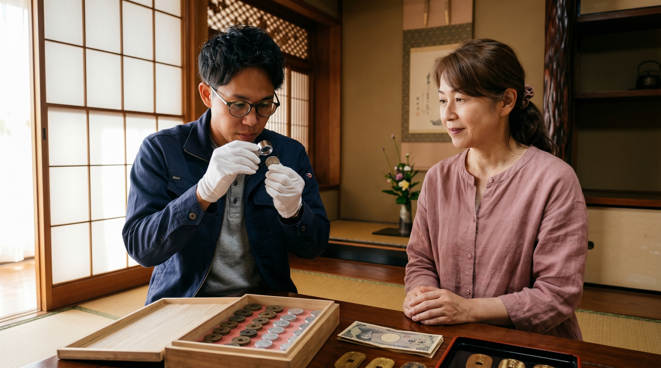 祖父の桐箱から出てきた古銭を丁寧に査定するスタッフ