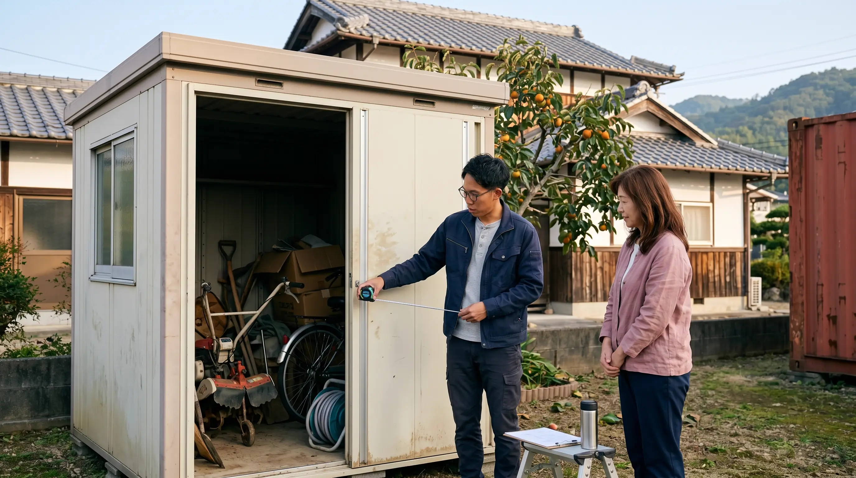岡山の実家の庭にあるプレハブ小屋・物置を中身ごと査定するスタッフ