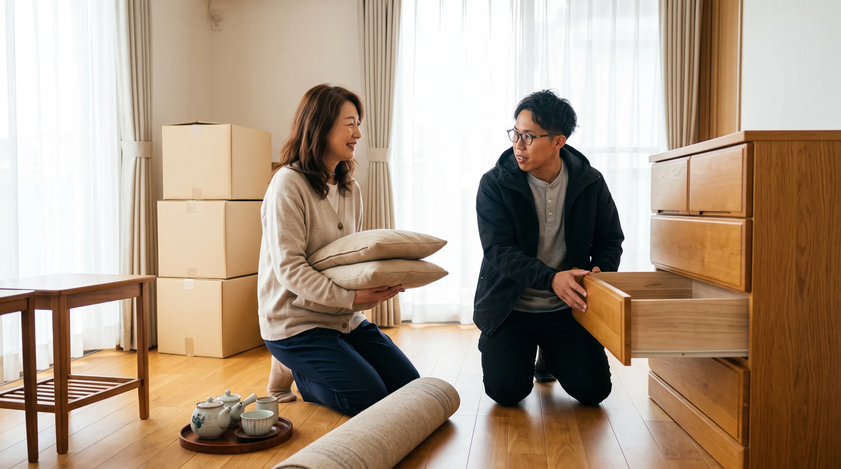 引越し前の部屋で、新居に持っていかない家具を査定するスタッフ