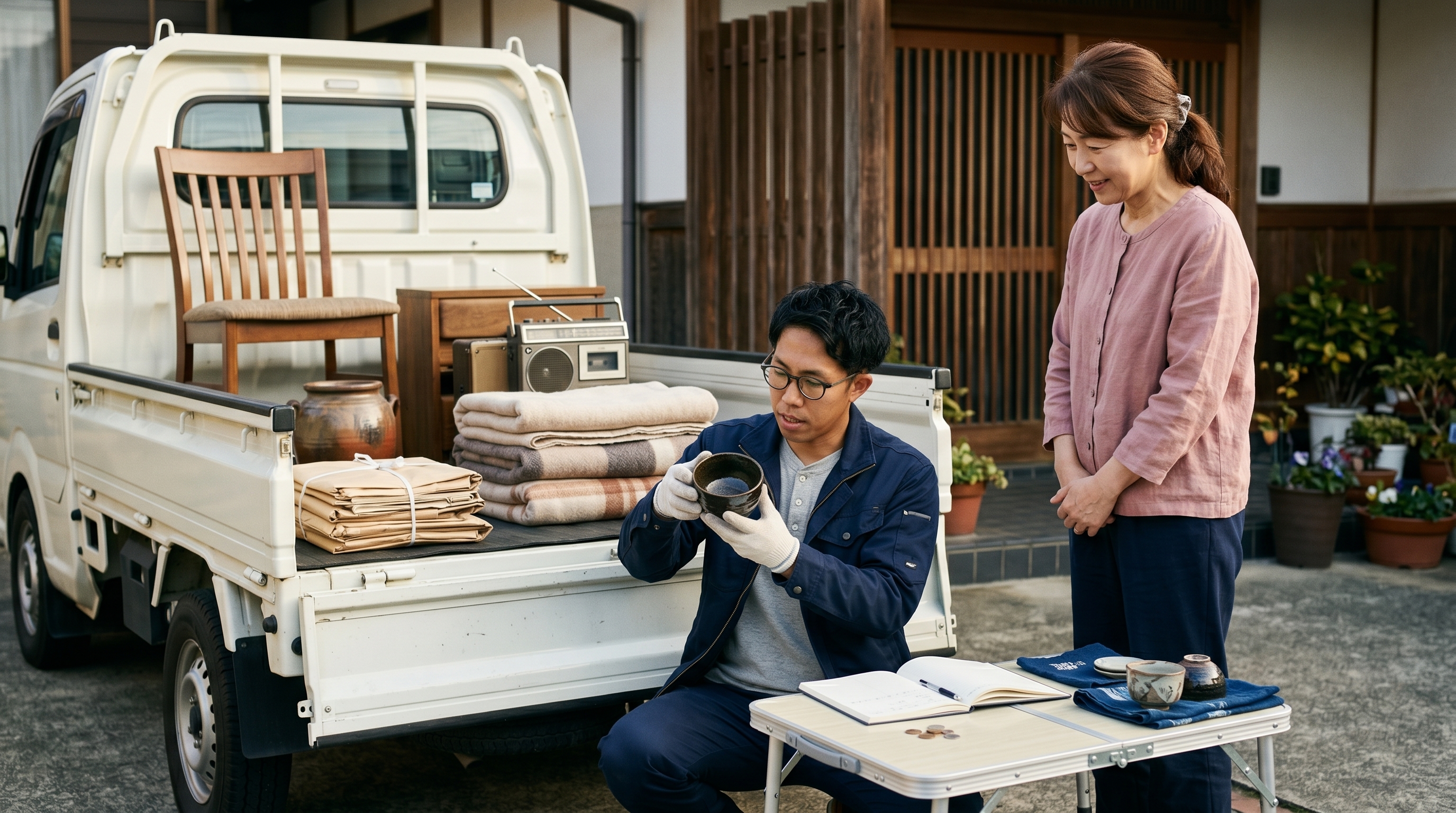 岡山の不用品回収現場で家財を査定するスタッフ