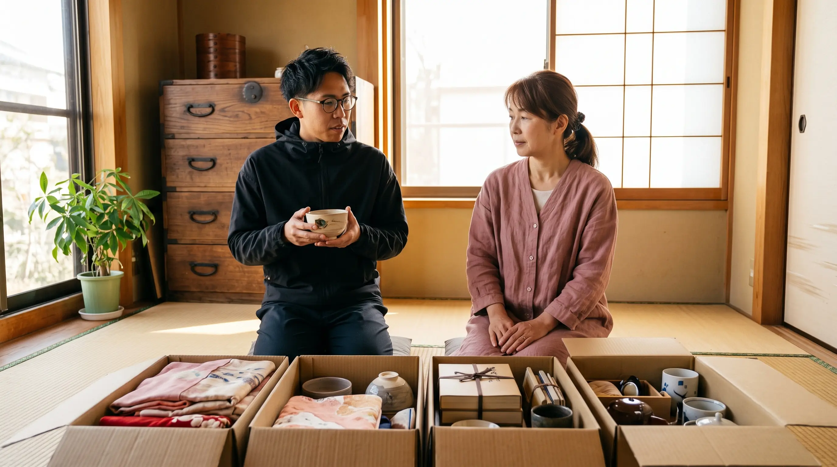 岡山の遺品整理で、お母さまの着物や器を一点ずつ拝見するスタッフ