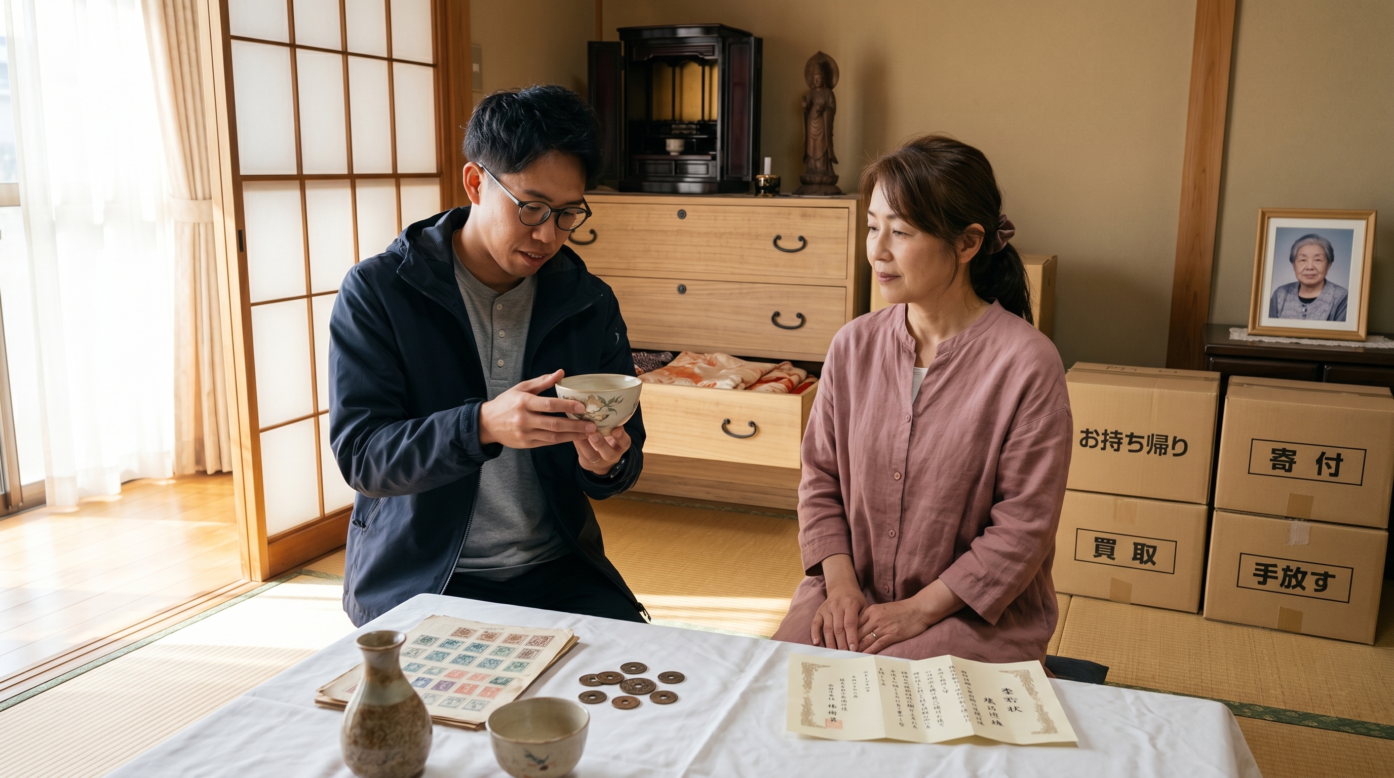 岡山の実家整理で、家財を一点ずつ拝見するスタッフと依頼者