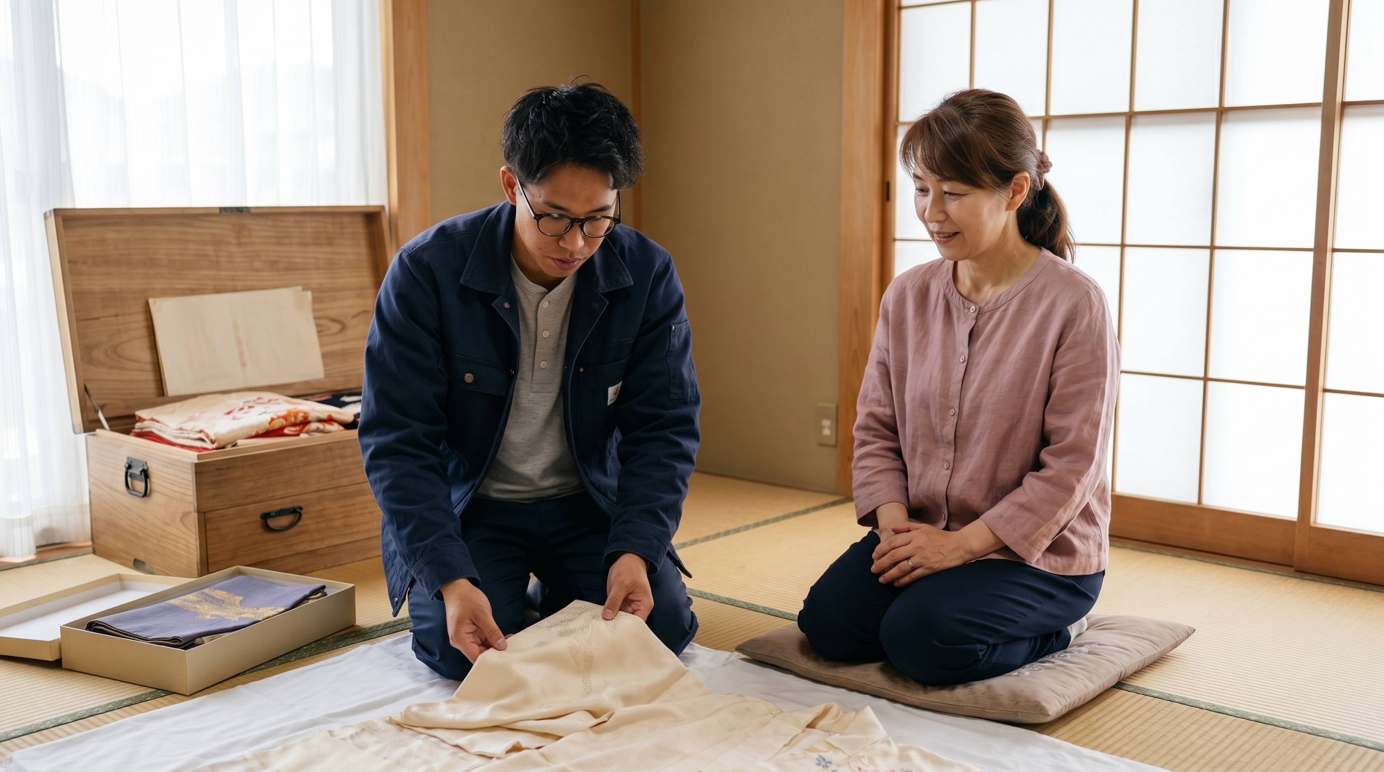 桐箪笥から取り出した母の着物を、丁寧に確認するスタッフ