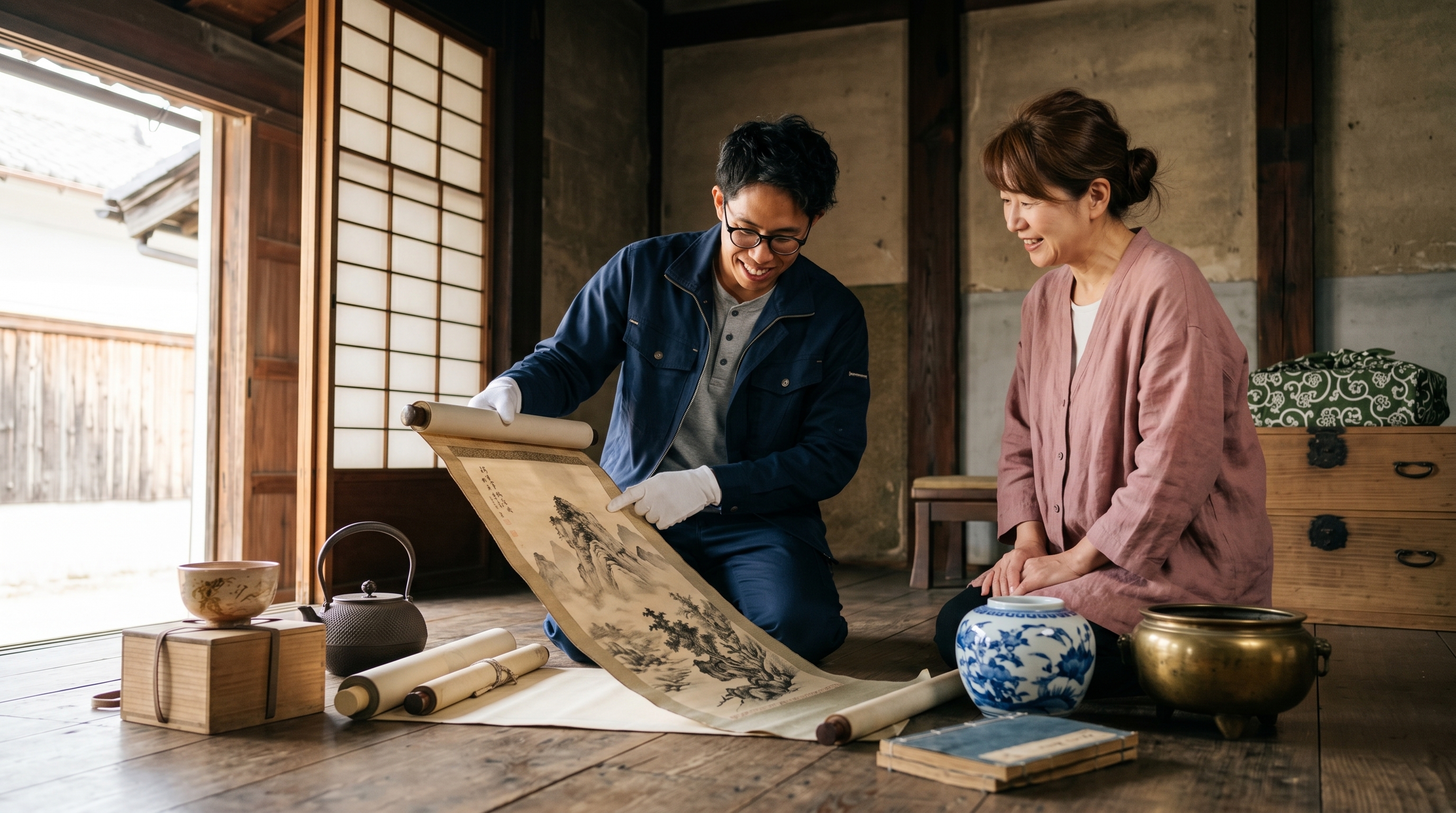 蔵から出てきた掛軸や茶碗を丁寧に査定するスタッフ