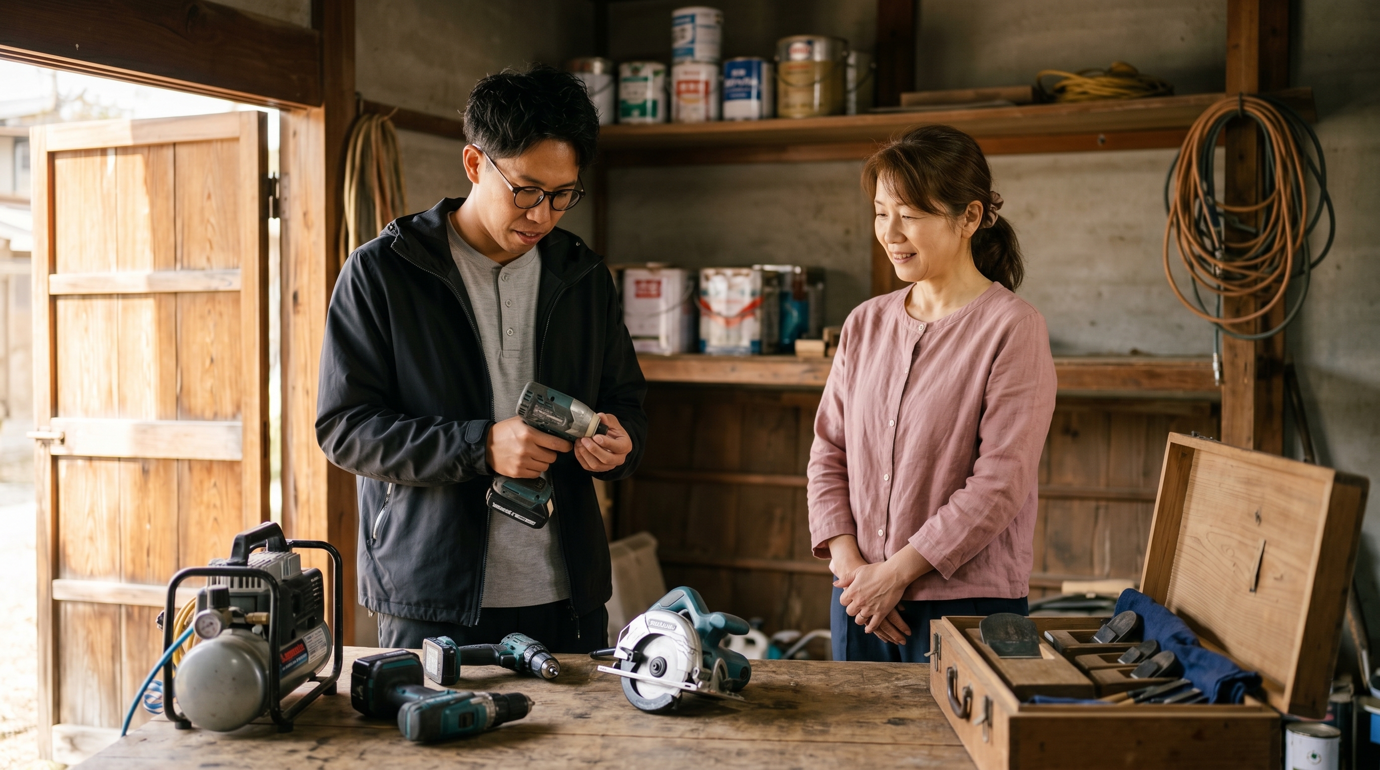 実家の倉庫から出てきた電動工具・大工道具を出張査定するスタッフ