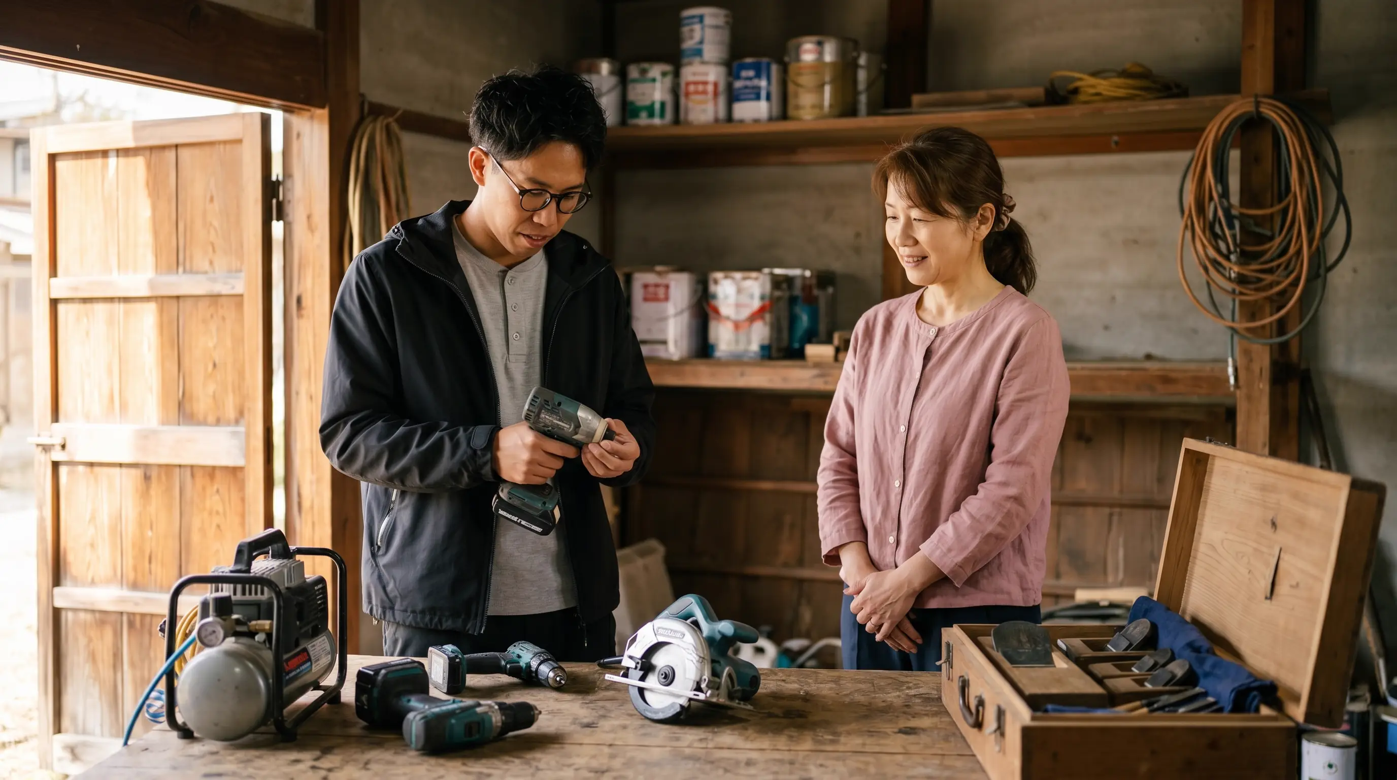 実家の倉庫から出てきた電動工具・大工道具を出張査定するスタッフ
