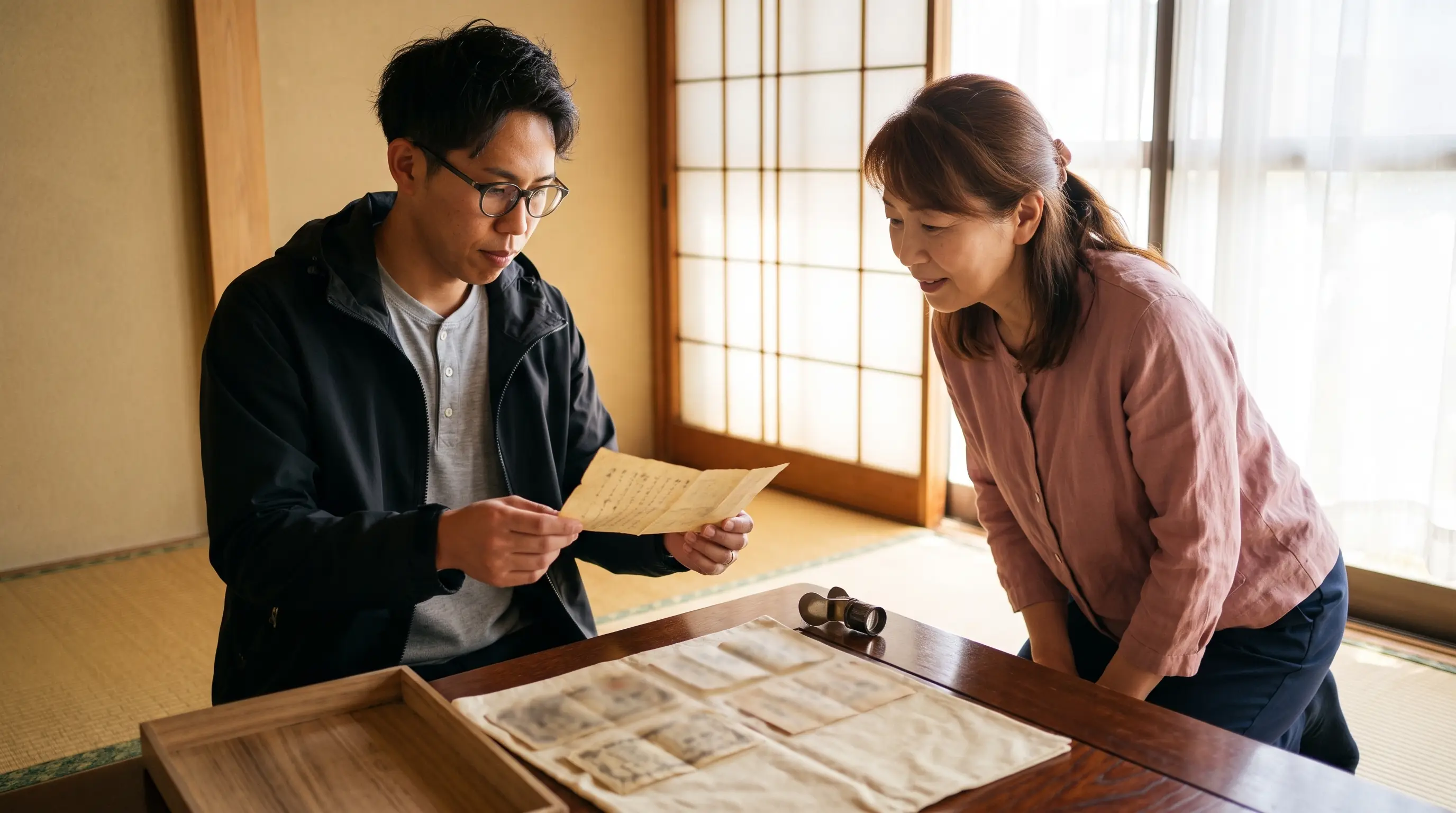 実家の桐箱から出てきた古いお札を、一枚ずつ手に取って見るスタッフ