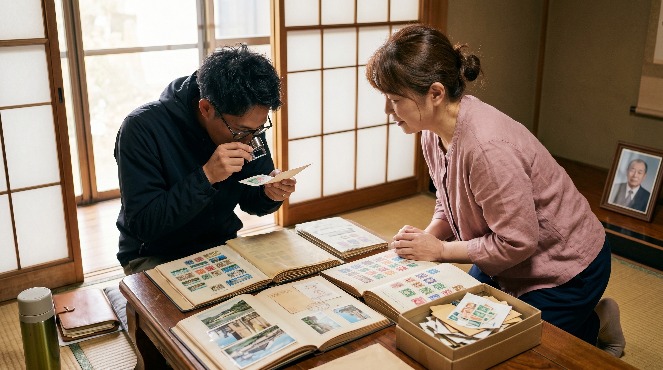 父の遺品の切手アルバムを丁寧に仕分けるスタッフ