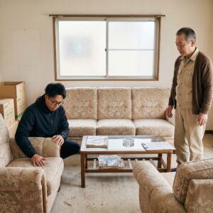 客間の応接セット(無垢材ソファ・テーブル)|岡山市北区での出張買取